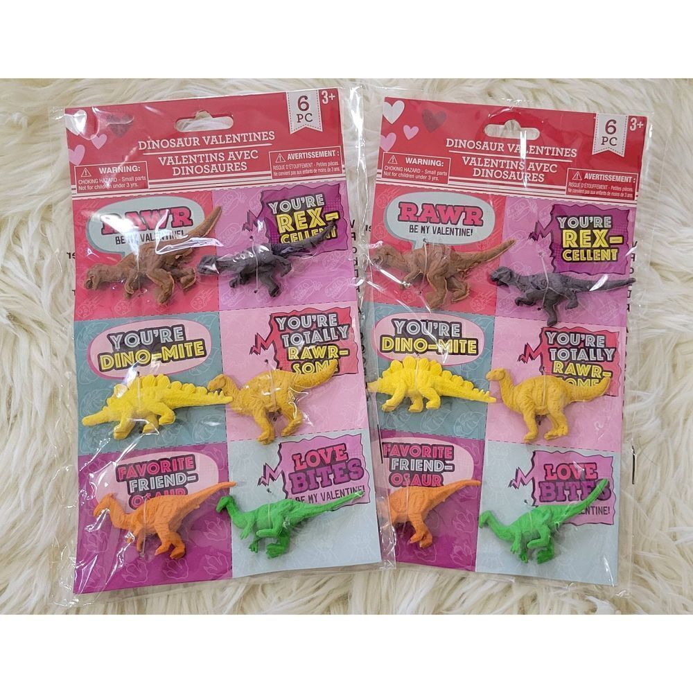 DINOSAUR VALENTINES 2 Pk (6) FIGURINES WITH CARDS (12)Total